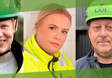 Två män i gröna hjälmar. En kvinna utan hjälm.