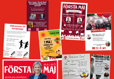 På bilden syns plakat med information om olika Första maj-firanden rumt om i Skåne.