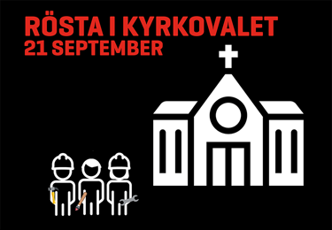 Text: Rösta i kyrkovalet 21 september. Grafik: tre byggnadsarbetare och en kyrka.