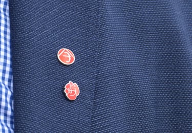 Pins med Byggnads logga och Socialdemokraternas ros.