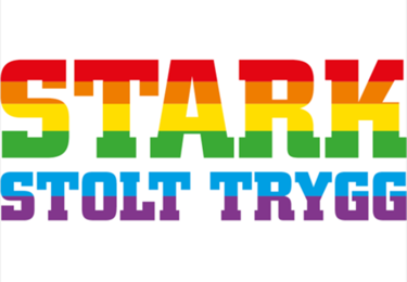 Stark Stolt Trygg i prideflaggans färger.