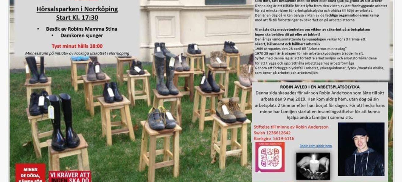 Bild med tomma skor på stolar som symboliserar de som avlidit på sitt jobb