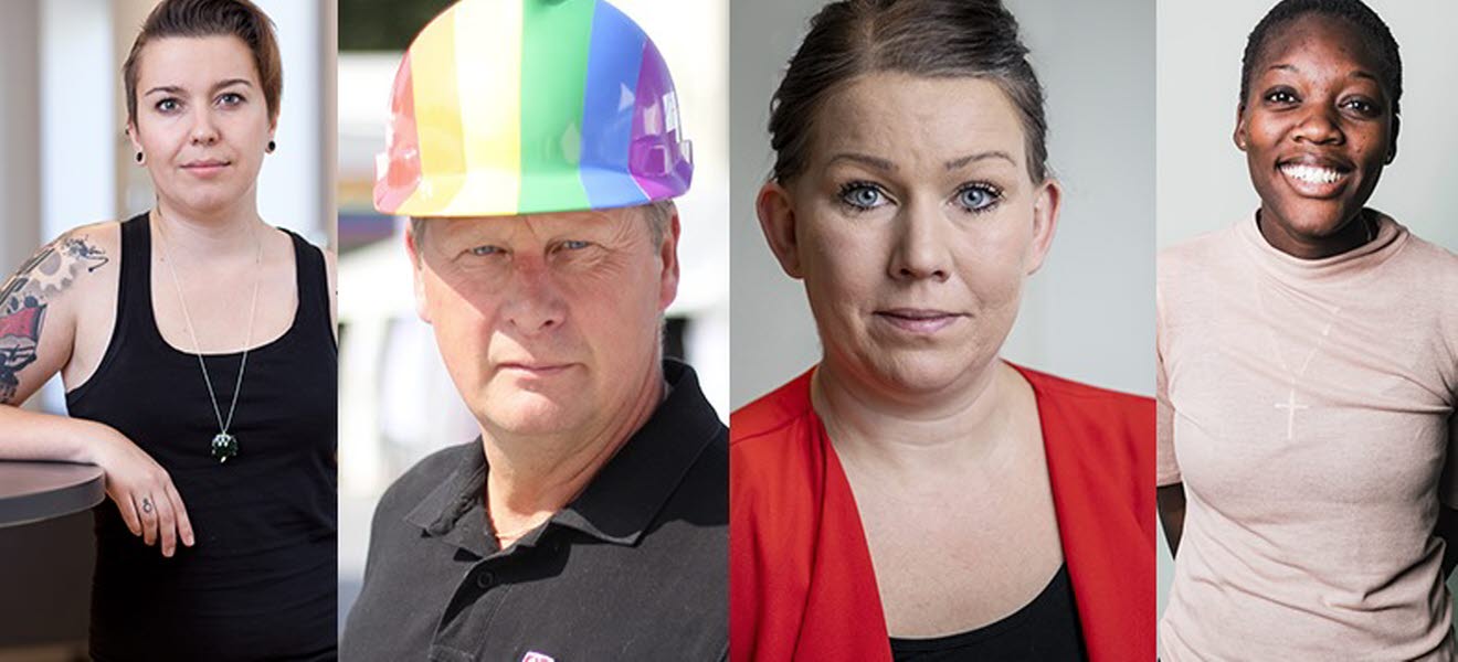 De fyra deltagarna i panelsamtalet under Pride Stockholm: Sanna Tefke, Tomas Kullberg, Lisa Bengtson och Silvia Kakembo.